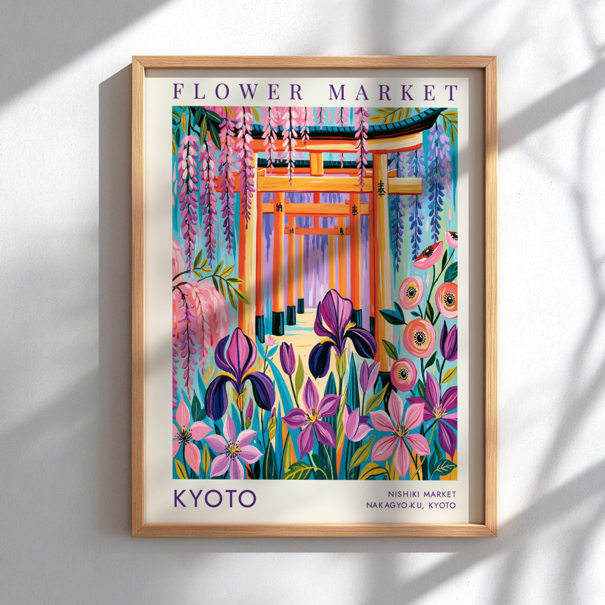 Flower market poster showcasing vibrant colors and floral designs inspired by Kyoto's cityscape