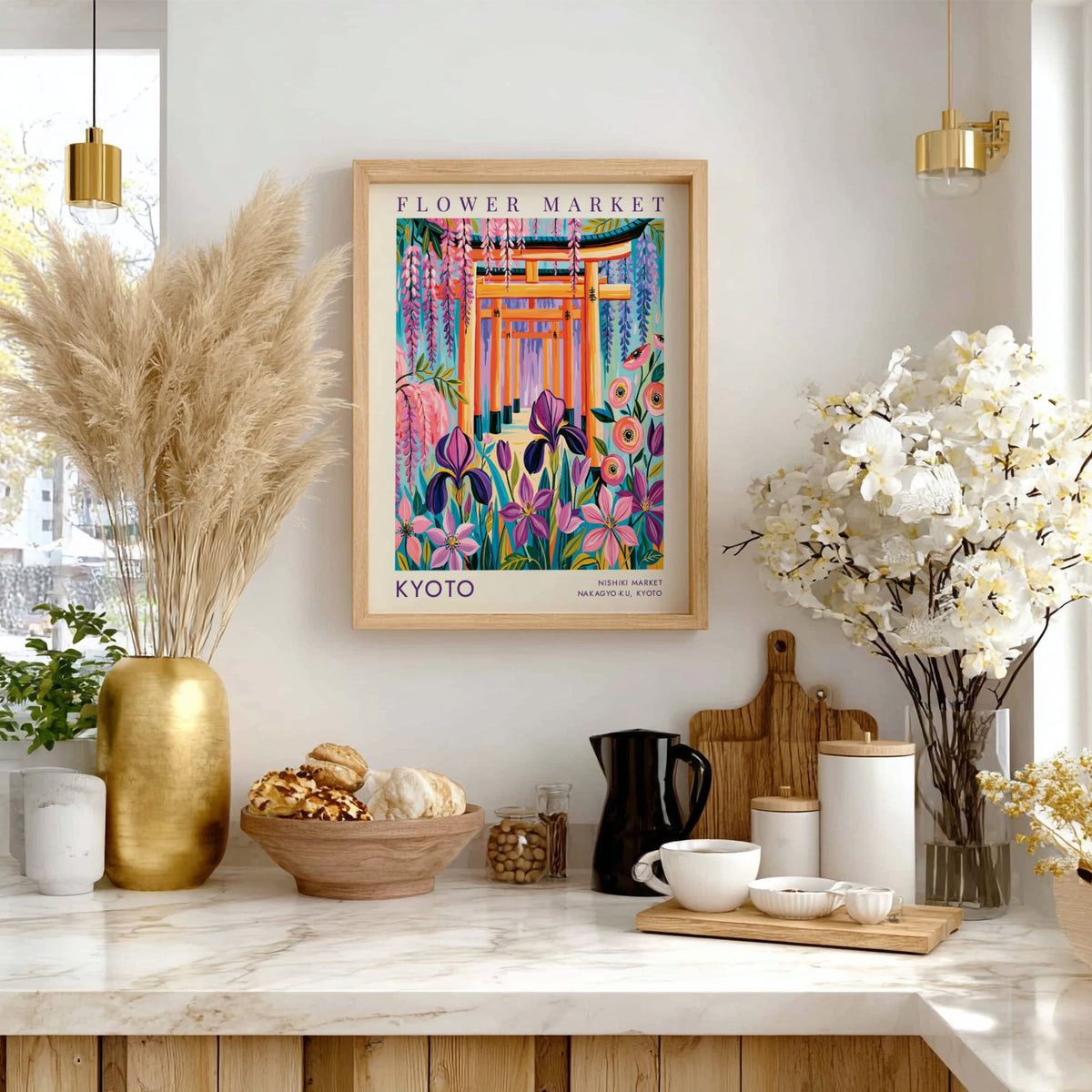 Flower market poster showcasing vibrant colors and floral designs inspired by Kyoto's cityscape