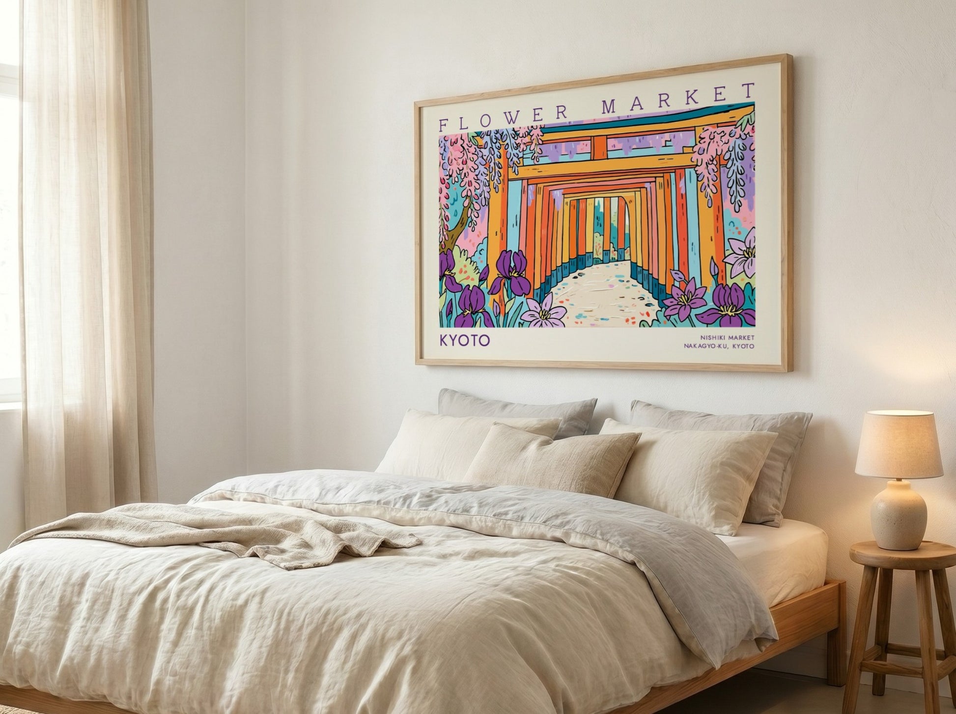 Kyoto flower market poster featuring vibrant colors and traditional architecture