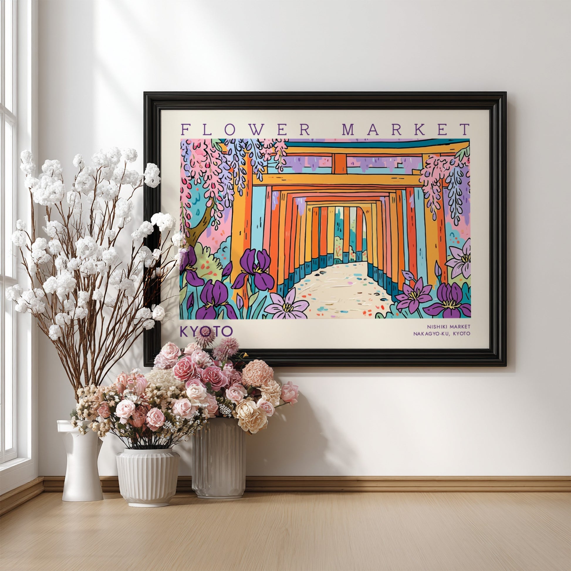 Kyoto flower market poster featuring vibrant colors and traditional architecture