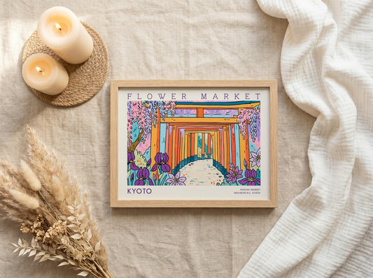 Kyoto flower market poster featuring vibrant colors and traditional architecture