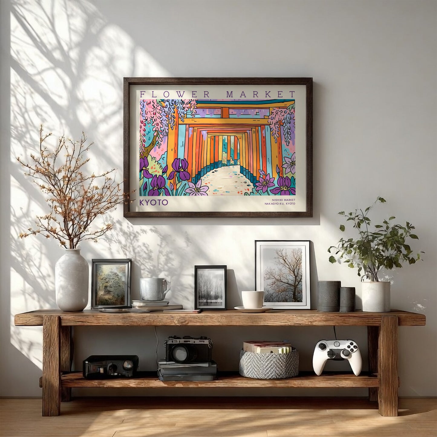 Kyoto flower market poster featuring vibrant colors and traditional architecture