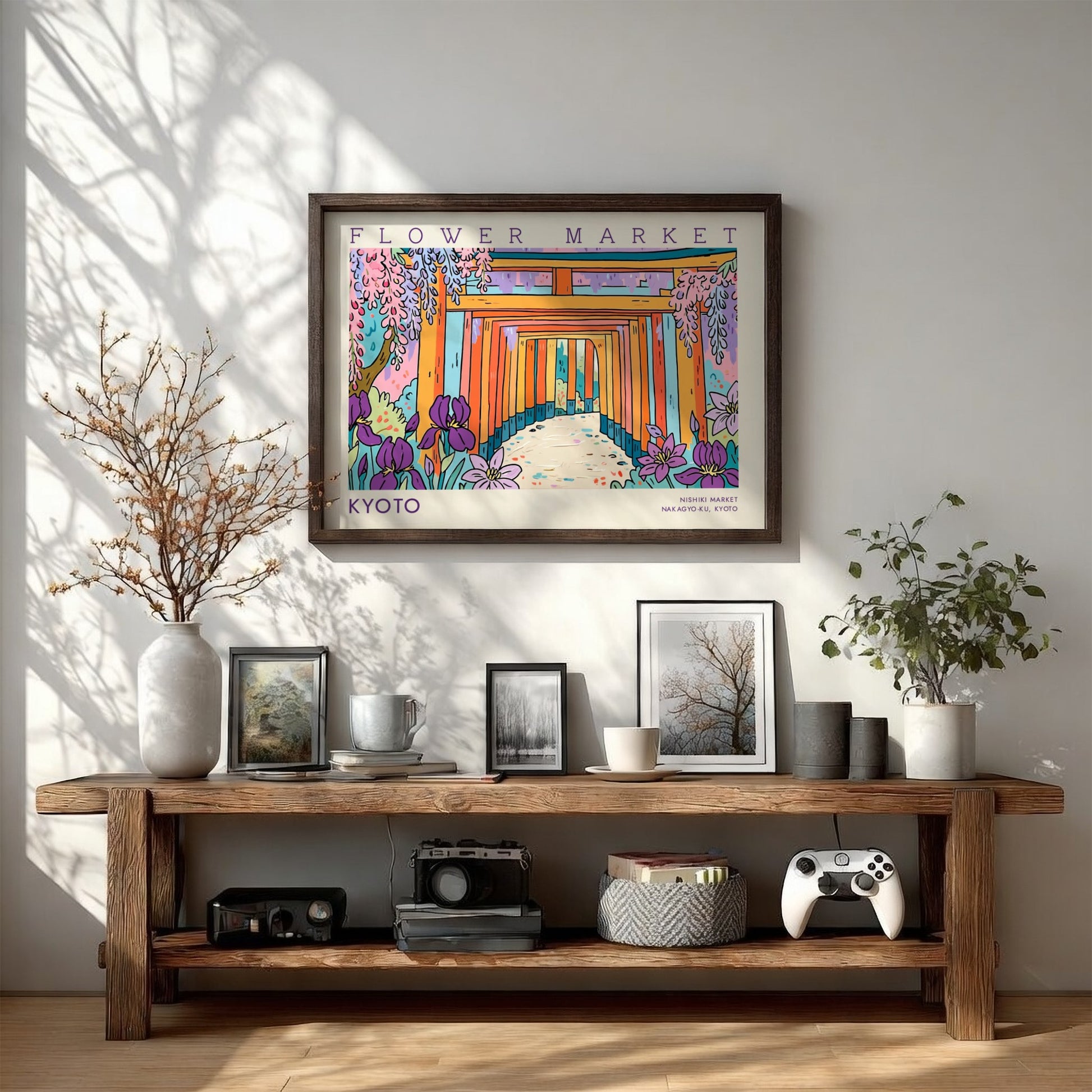 Kyoto flower market poster featuring vibrant colors and traditional architecture