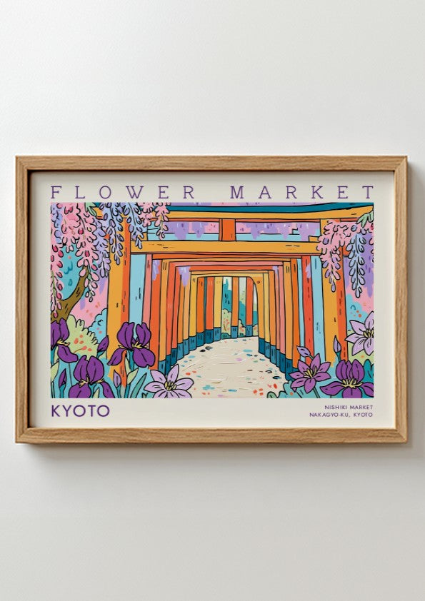 Kyoto flower market poster featuring vibrant colors and traditional architecture