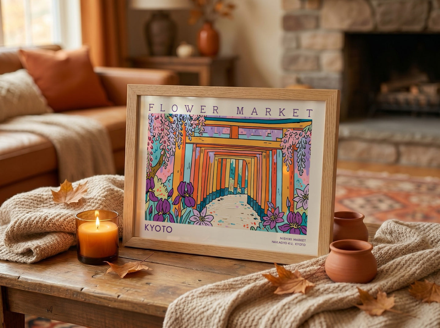 Kyoto flower market poster featuring vibrant colors and traditional architecture