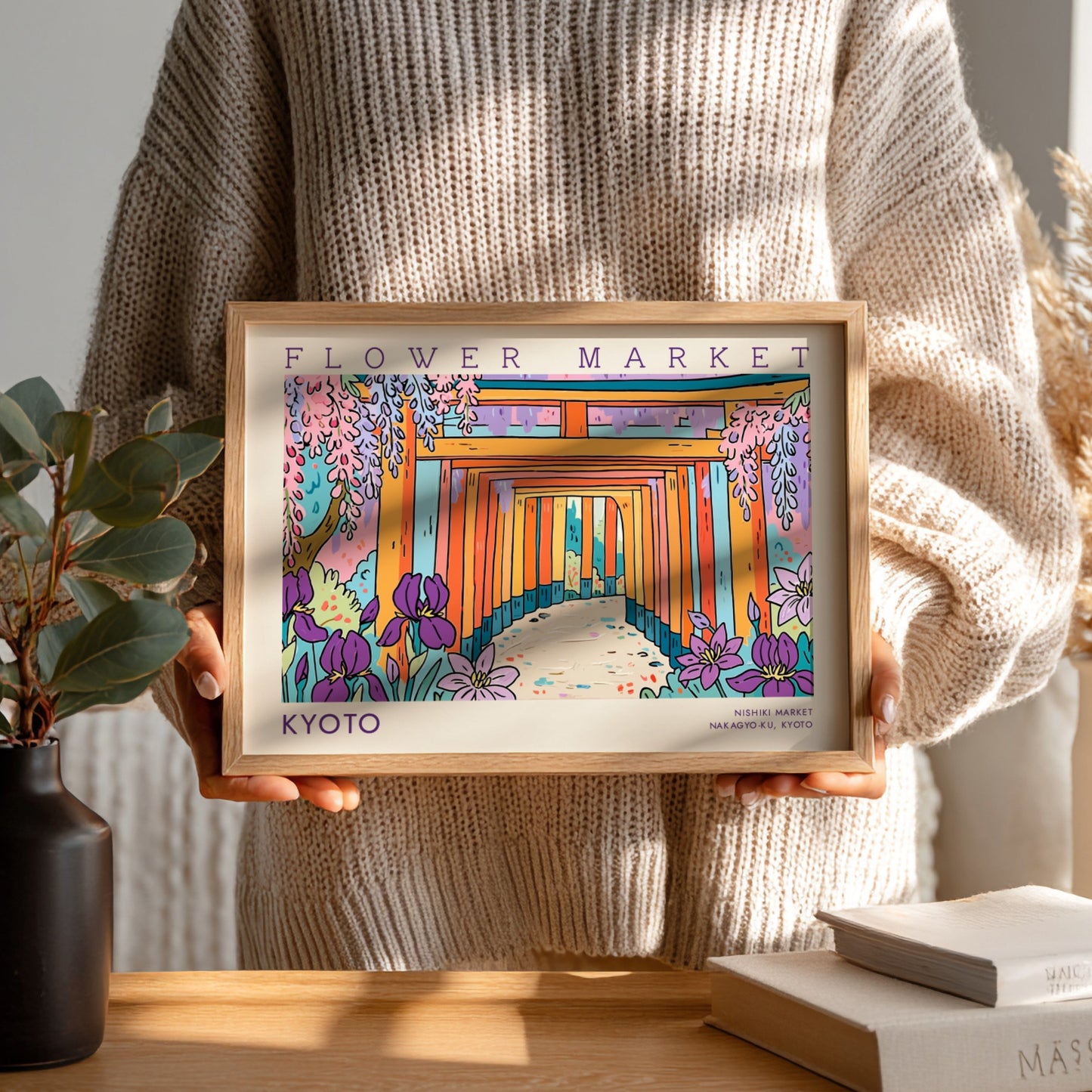 Kyoto flower market poster featuring vibrant colors and traditional architecture