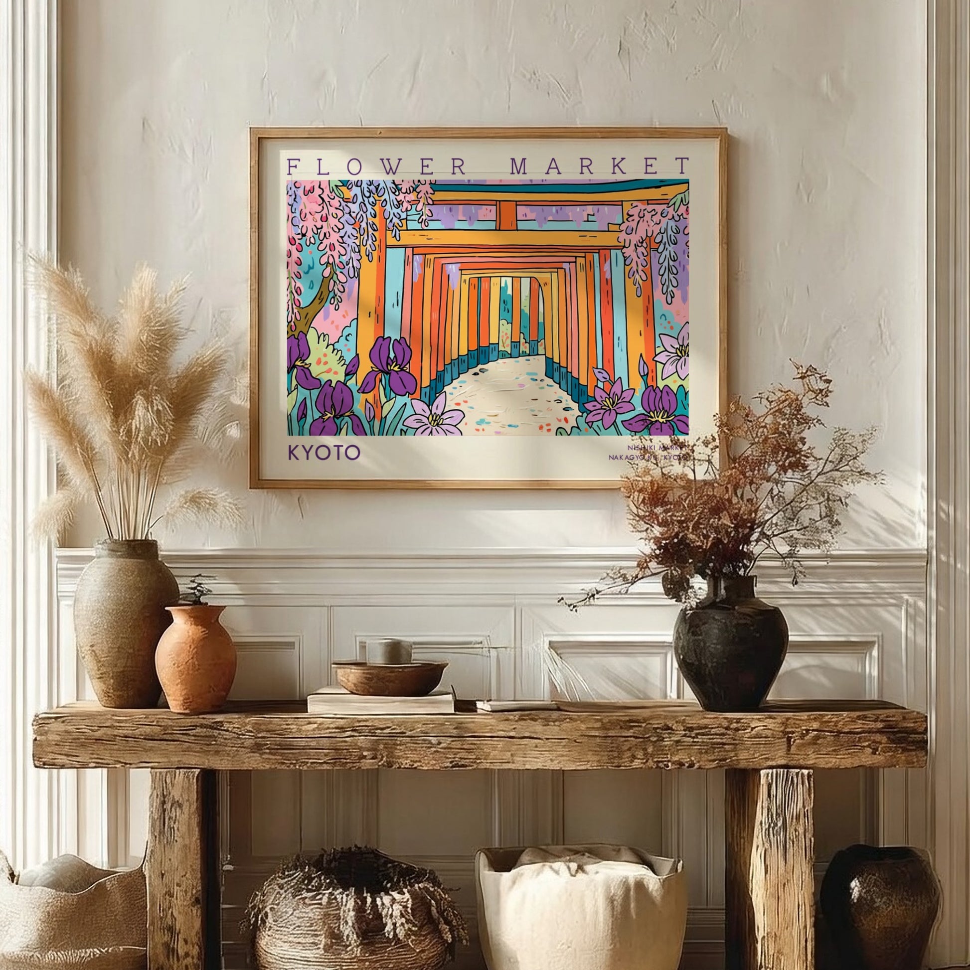 Kyoto flower market poster featuring vibrant colors and traditional architecture