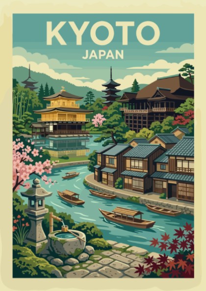 Vintage Kyoto Japan travel poster with Golden Pavilion, canal, and cherry blossoms in a stylized illustration.