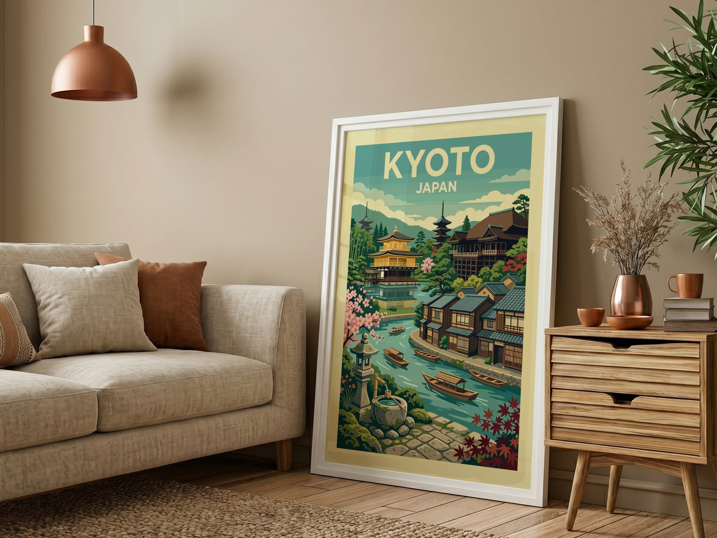 Vintage Kyoto Japan travel poster with Golden Pavilion, canal, and cherry blossoms in a stylized illustration.
