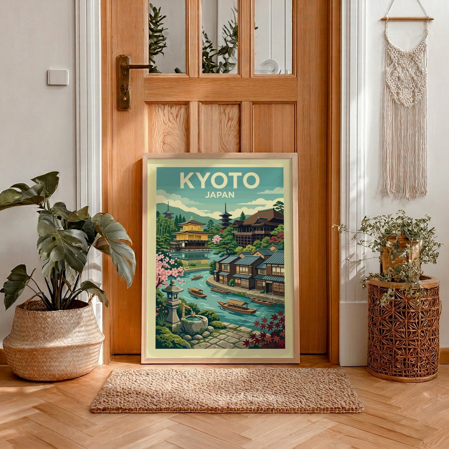 Vintage Kyoto Japan travel poster with Golden Pavilion, canal, and cherry blossoms in a stylized illustration.