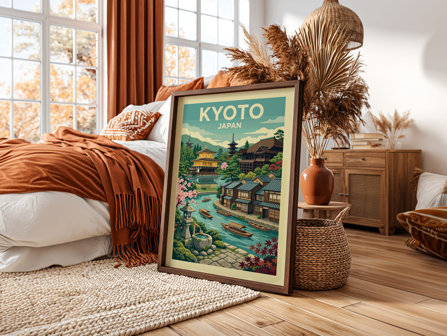 Vintage Kyoto Japan travel poster with Golden Pavilion, canal, and cherry blossoms in a stylized illustration.
