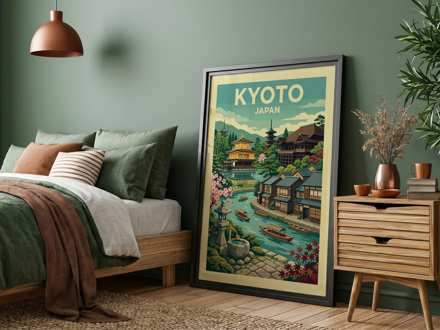 Vintage Kyoto Japan travel poster with Golden Pavilion, canal, and cherry blossoms in a stylized illustration.