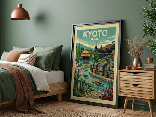 Vintage Kyoto Japan travel poster with Golden Pavilion, canal, and cherry blossoms in a stylized illustration.