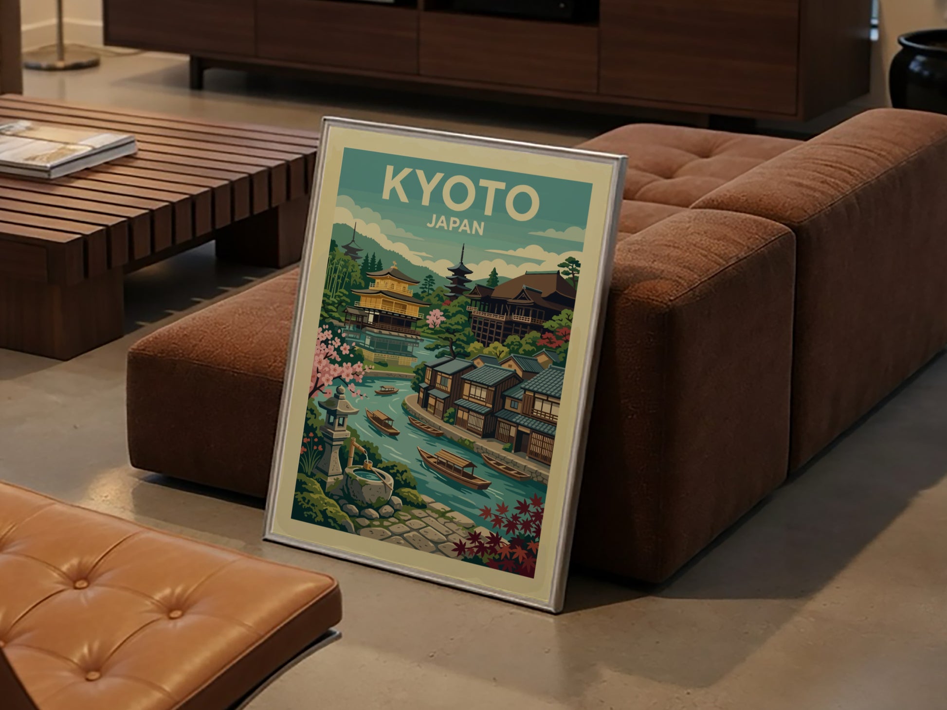 Vintage Kyoto Japan travel poster with Golden Pavilion, canal, and cherry blossoms in a stylized illustration.