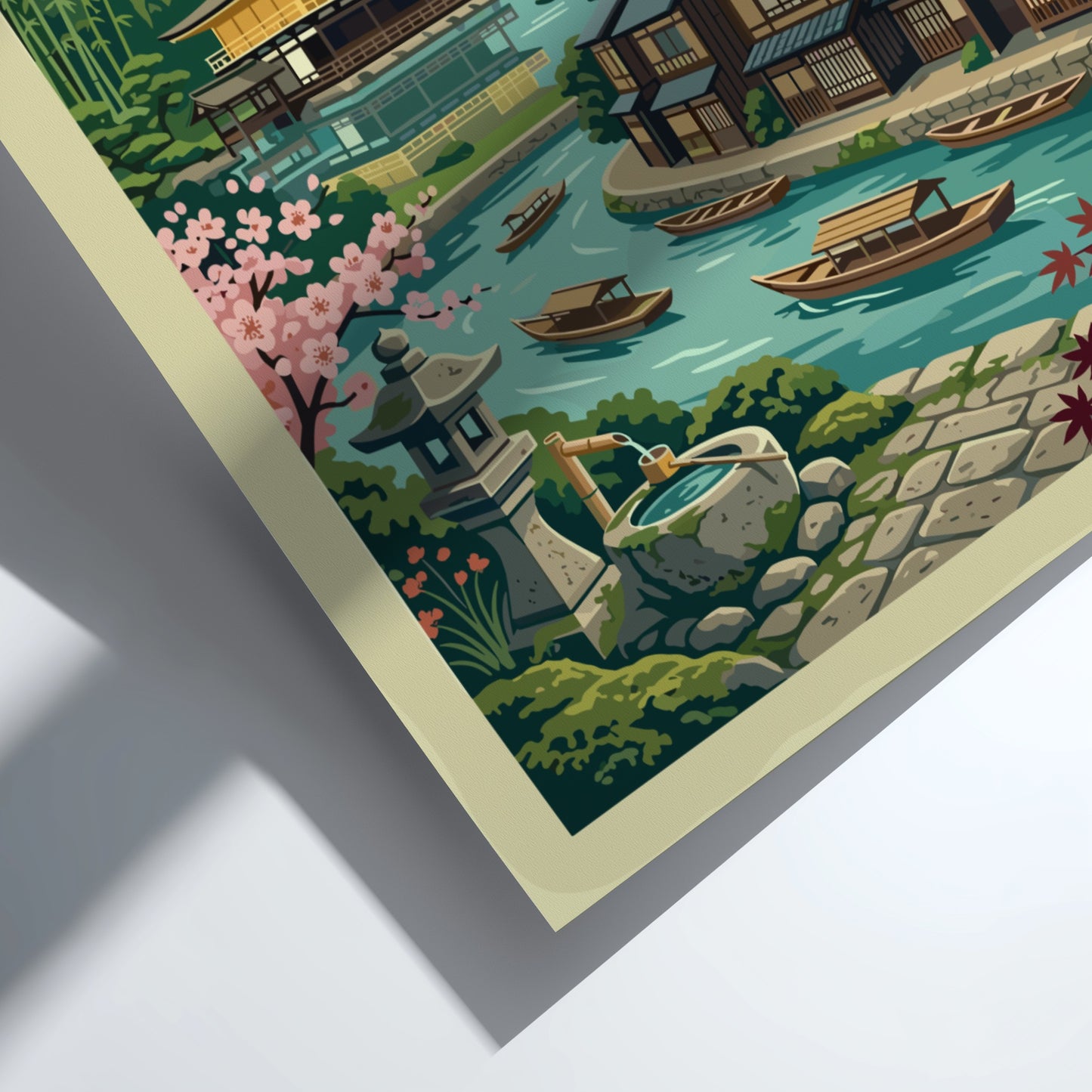 Vintage Kyoto Japan travel poster with Golden Pavilion, canal, and cherry blossoms in a stylized illustration.