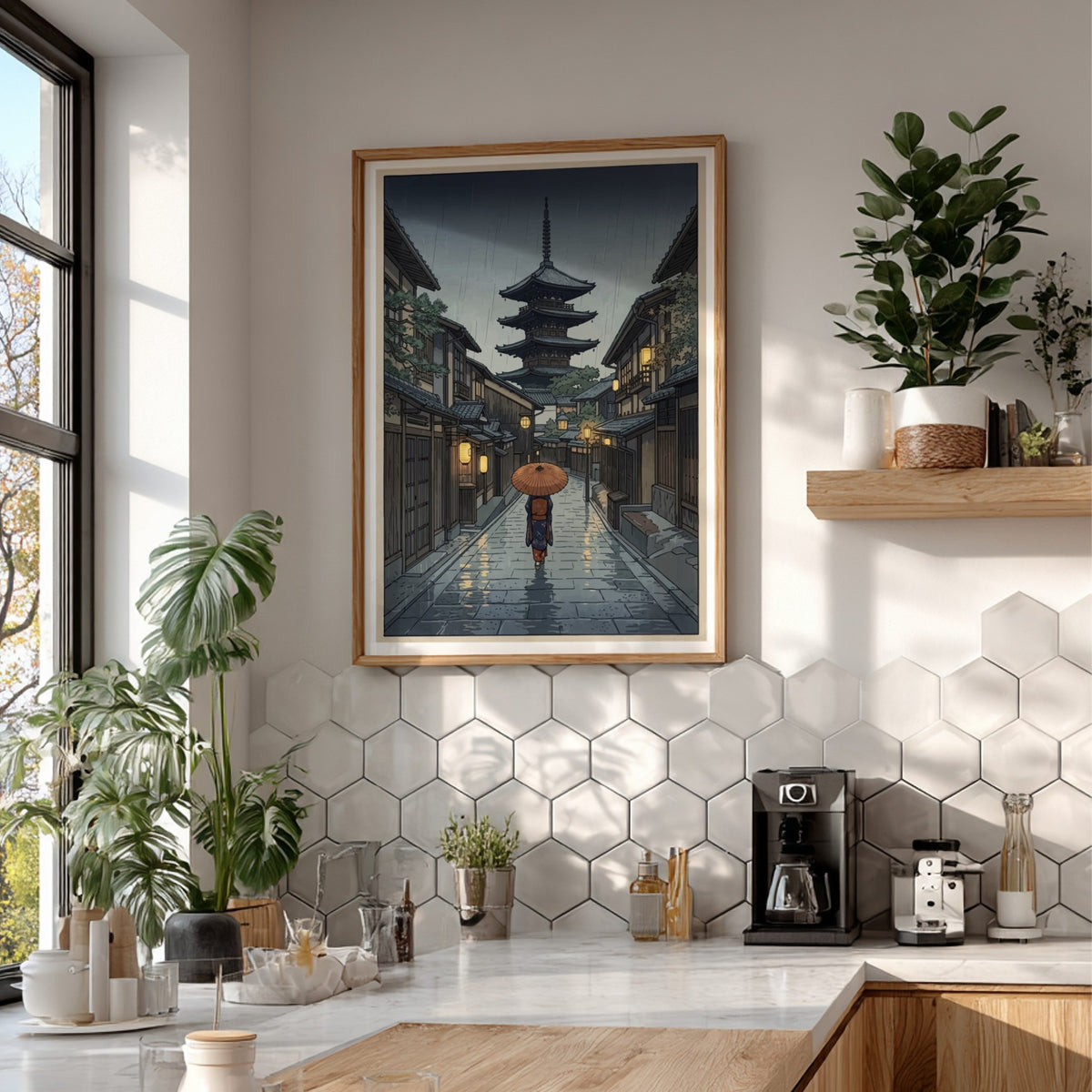 Poster of a lone figure with an umbrella walking toward a Kyoto pagoda