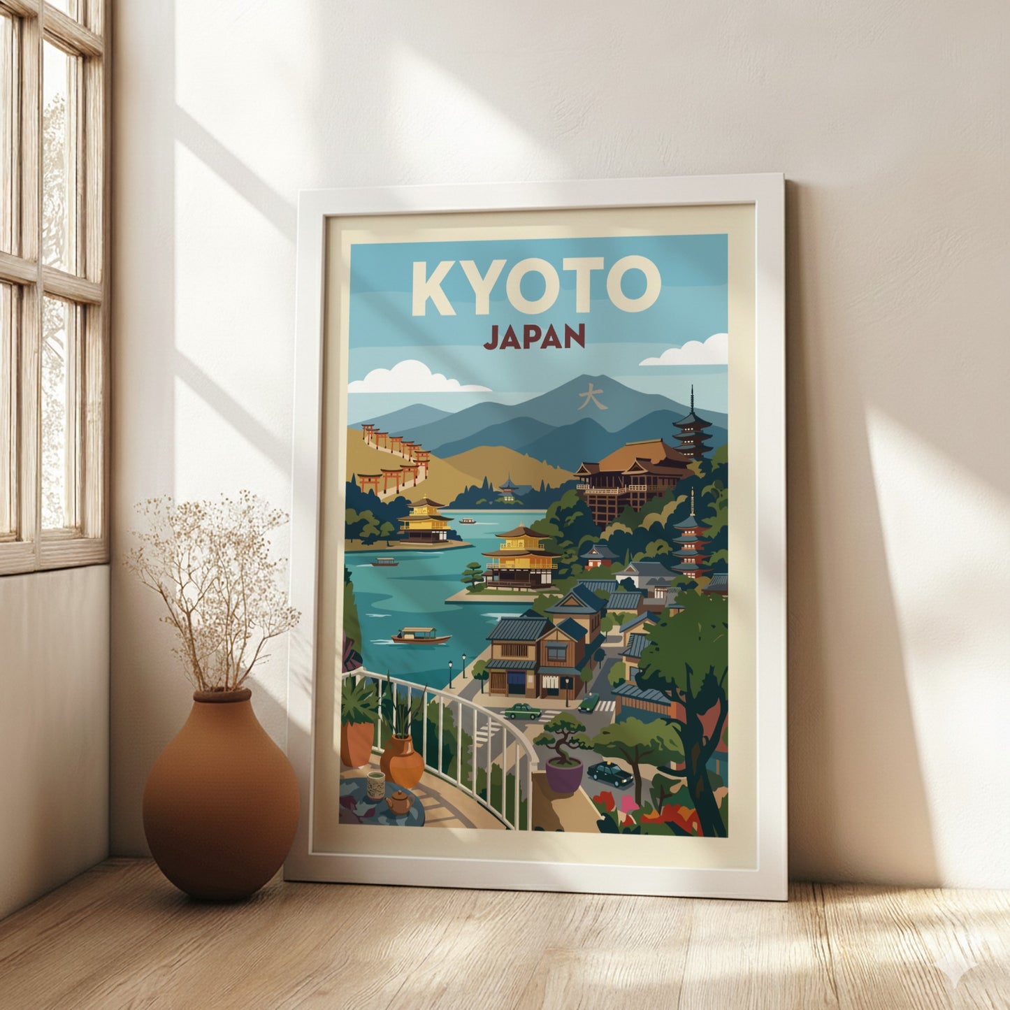 Kyoto Japan travel poster with vintage illustration style, featuring temples and a serene landscape.