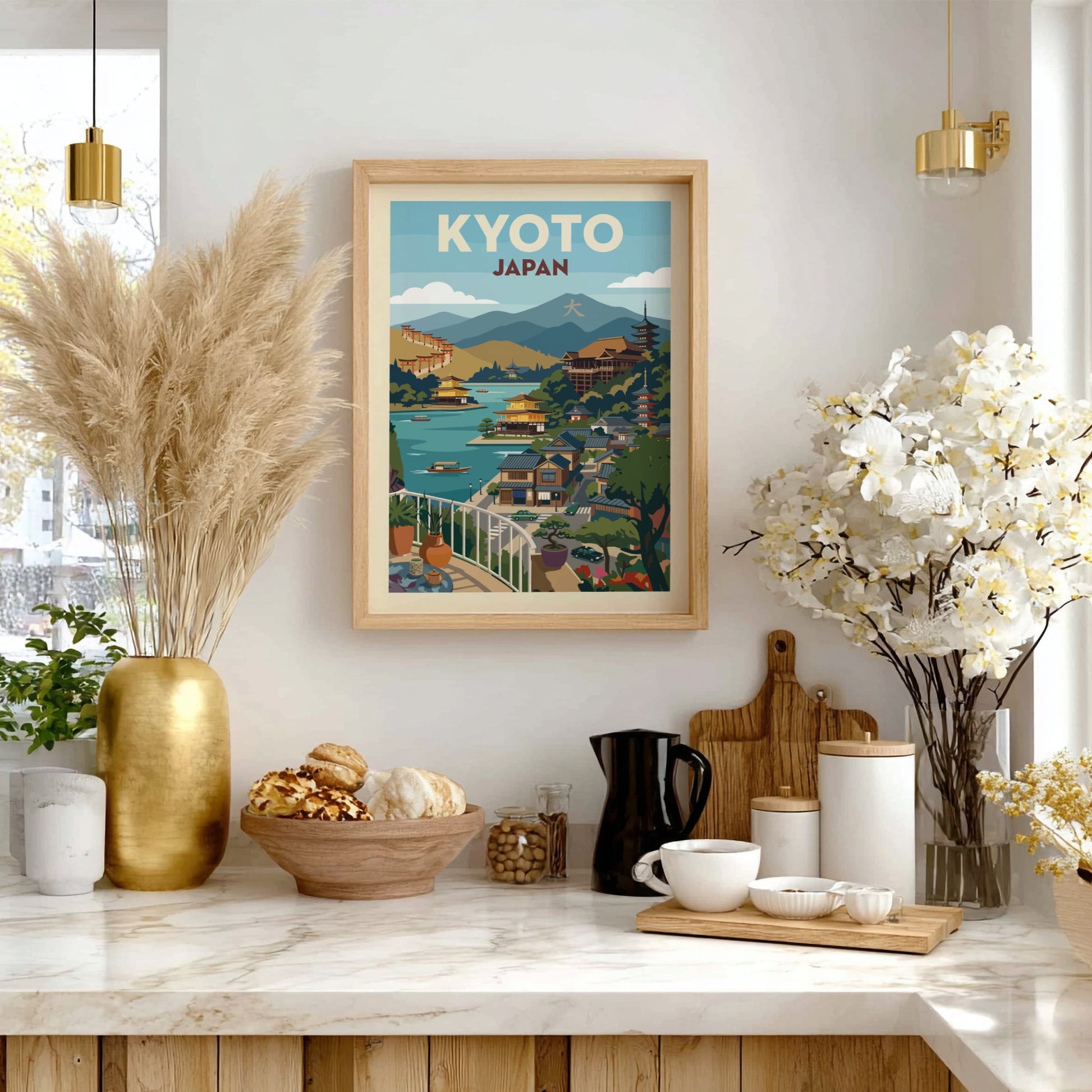 Kyoto Japan travel poster with vintage illustration style, featuring temples and a serene landscape.