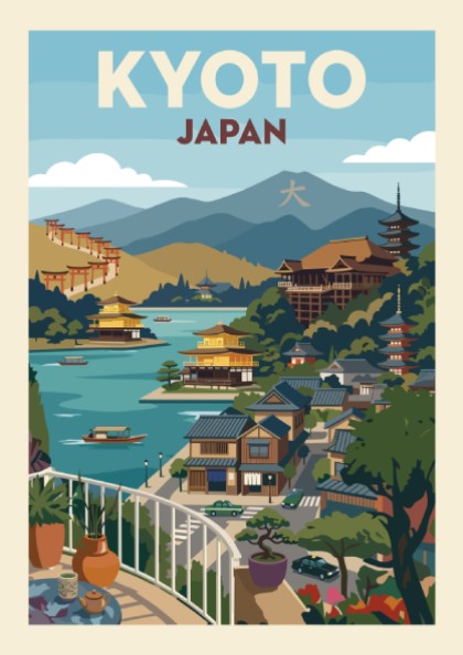 Kyoto Japan travel poster with vintage illustration style, featuring temples and a serene landscape.