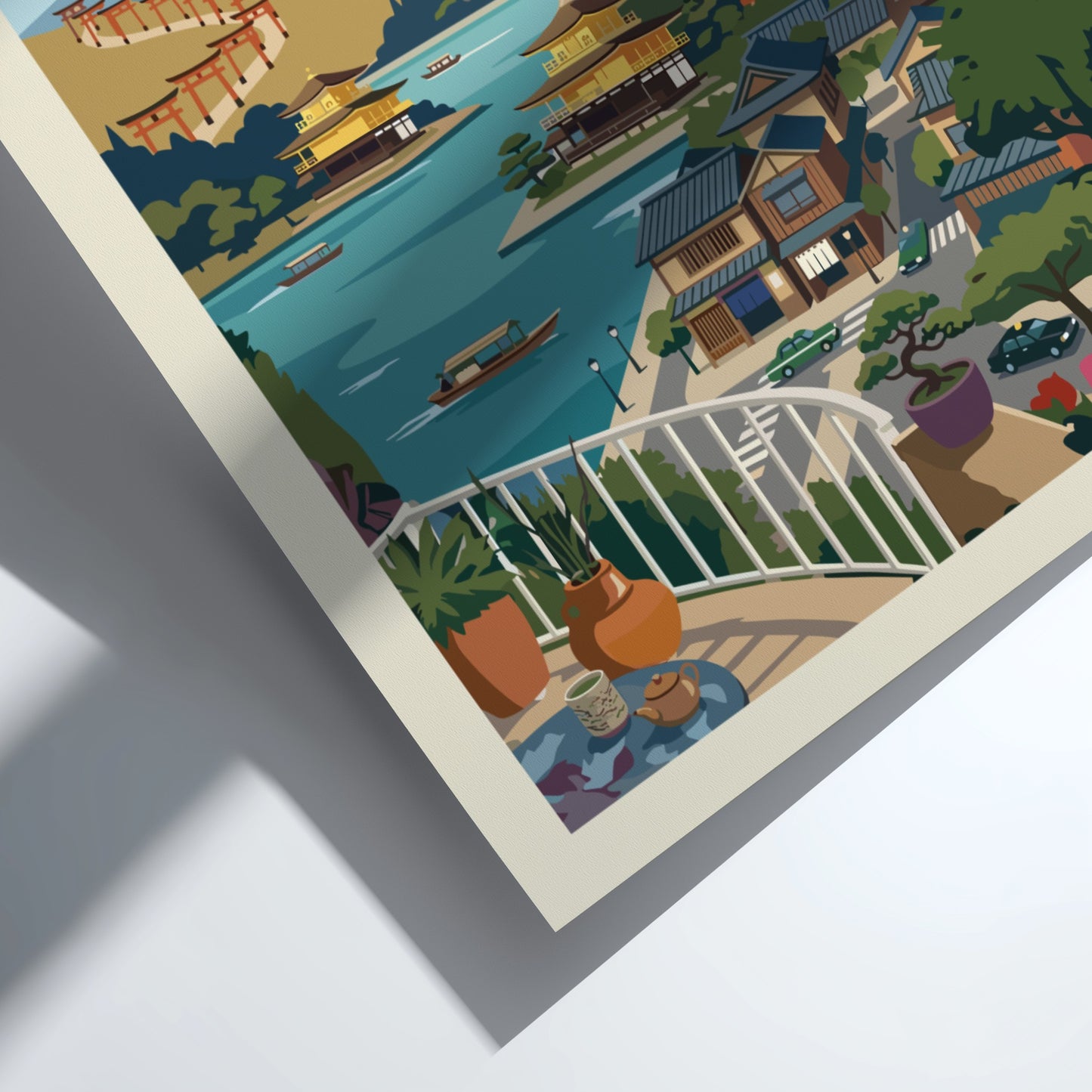 Kyoto Japan travel poster with vintage illustration style, featuring temples and a serene landscape.