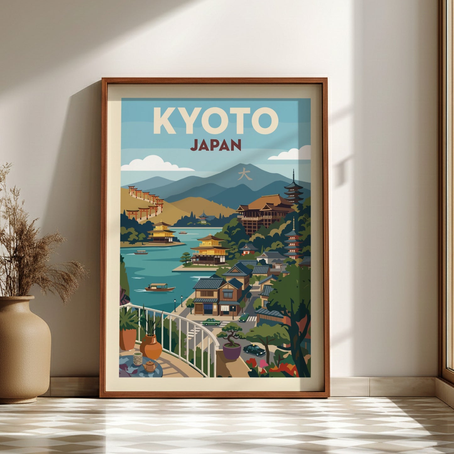 Kyoto Japan travel poster with vintage illustration style, featuring temples and a serene landscape.