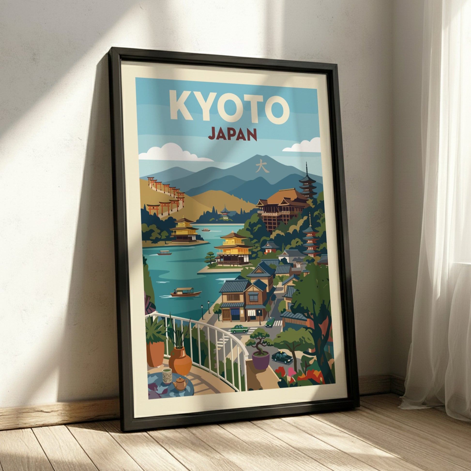 Kyoto Japan travel poster with vintage illustration style, featuring temples and a serene landscape.