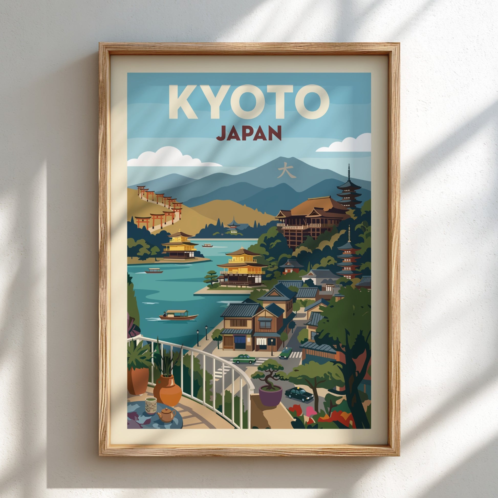 Kyoto Japan travel poster with vintage illustration style, featuring temples and a serene landscape.