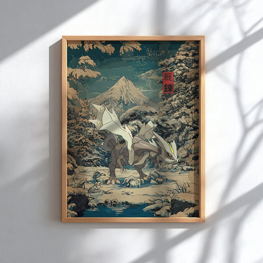 Framed artwork of Kyurem Pokemon in a mountainous landscape with Mount Fuji.