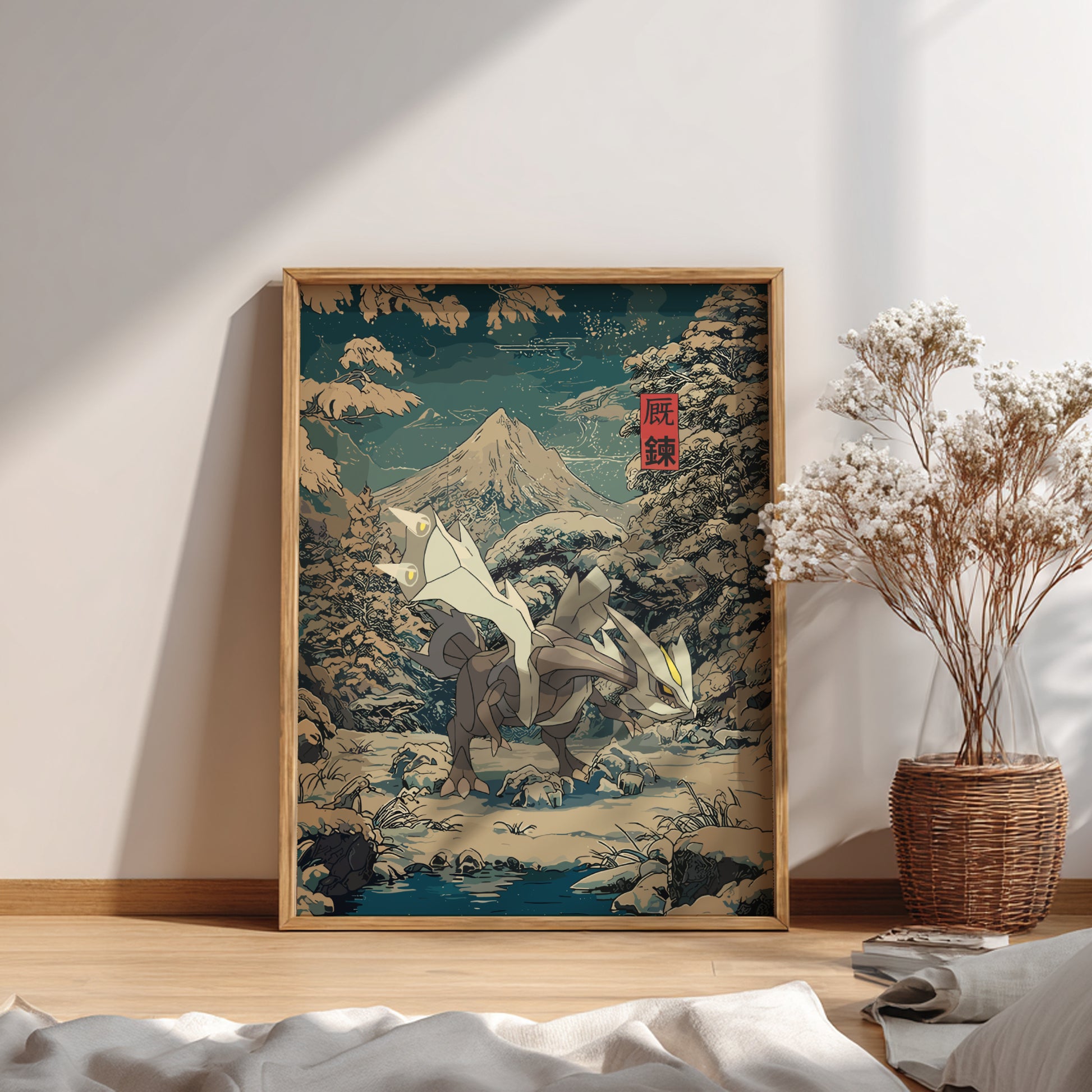Framed artwork of a mountain scene with Kyurem Pokemon in a room setting.