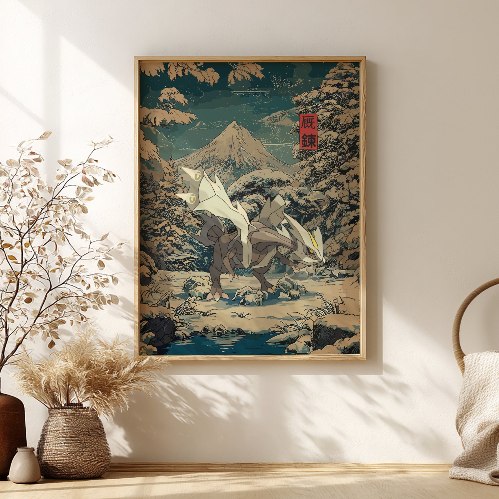 Framed artwork of Kyurem Pokemon and a mountain landscape with Mount Fuji on a wall in a room with natural light.