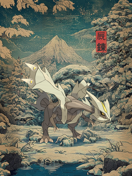 Illustration of Kyurem Pokemon in a snowy landscape with Mount Fuji in the background.