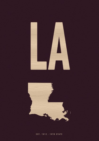 LA poster featuring Louisiana outline on burgundy background, minimalist design for wall decor