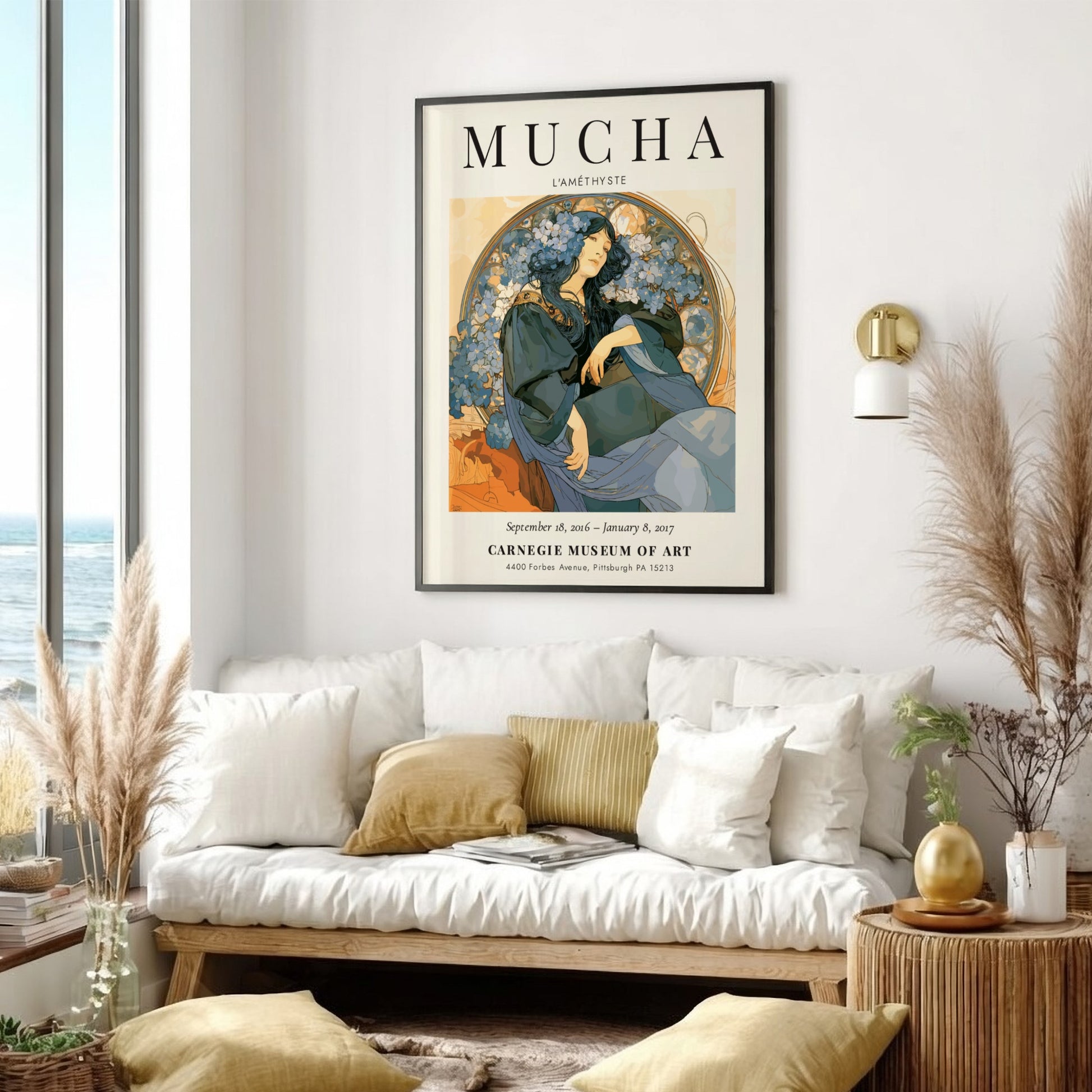 L'Améthyste poster featuring Alphonse Mucha's art style with blue and earthy tones, floral accents and