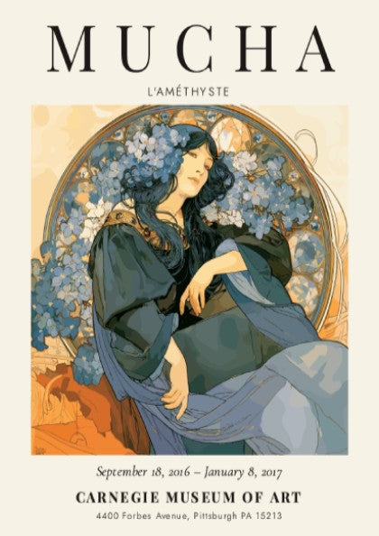 L'Améthyste poster featuring Alphonse Mucha's art style with blue and earthy tones, floral accents and
