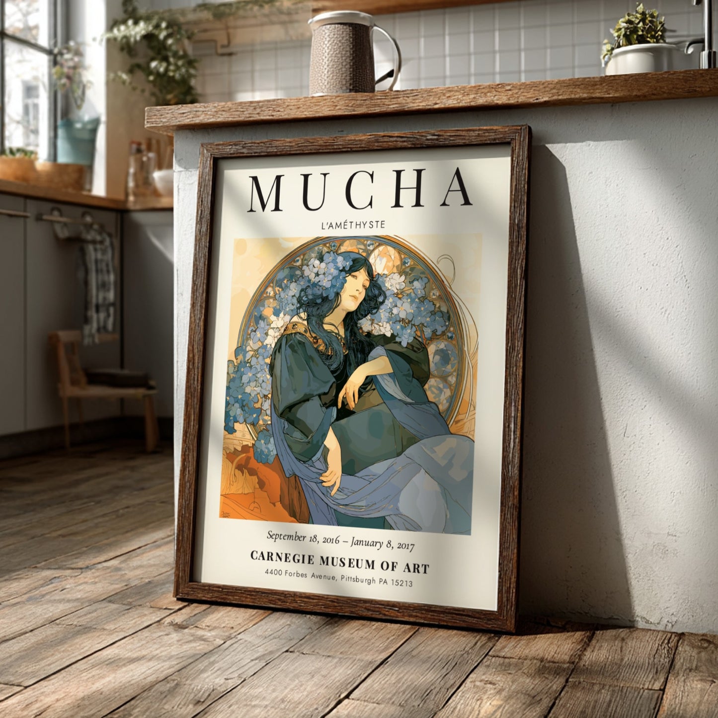 L'Améthyste poster featuring Alphonse Mucha's art style with blue and earthy tones, floral accents and