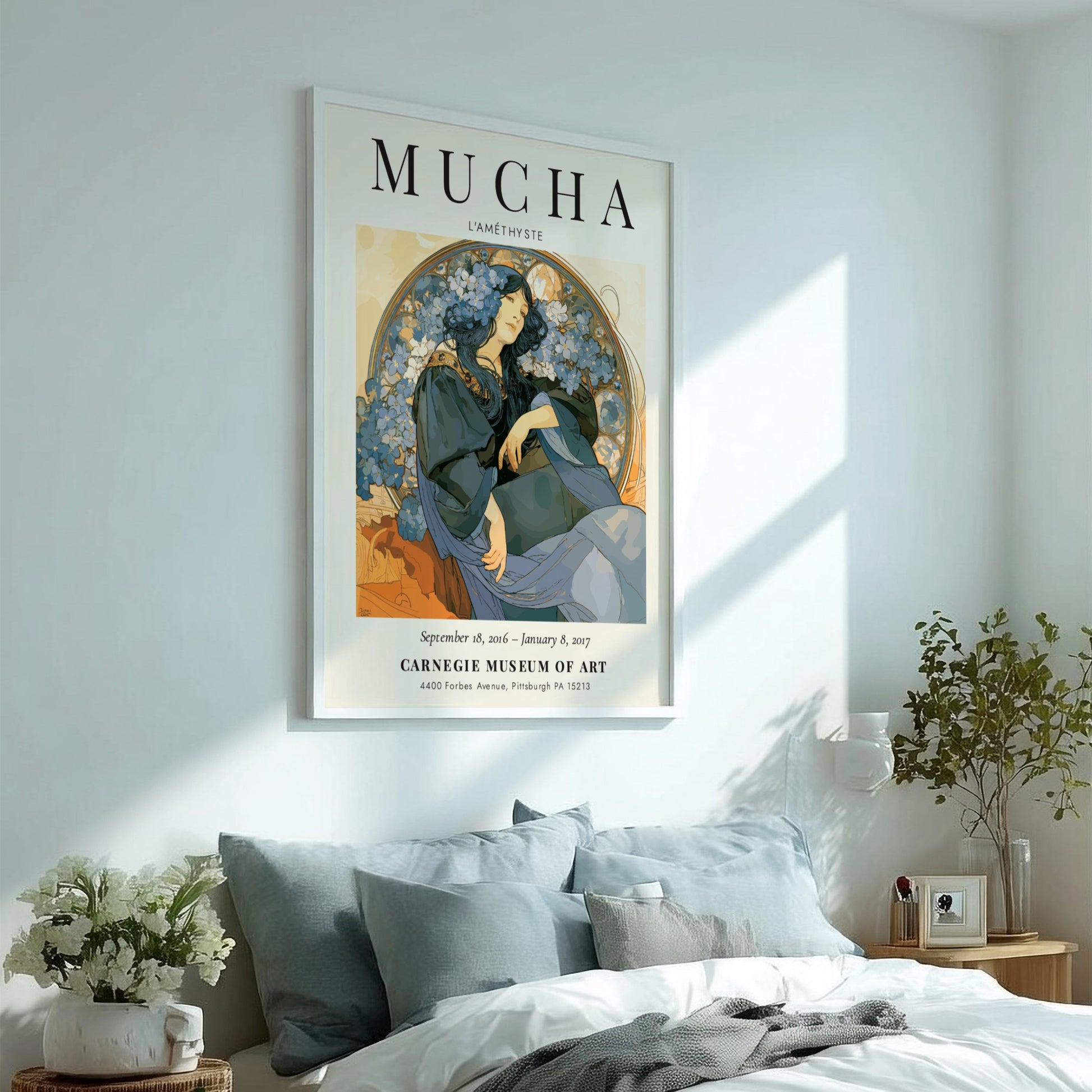 L'Améthyste poster featuring Alphonse Mucha's art style with blue and earthy tones, floral accents and