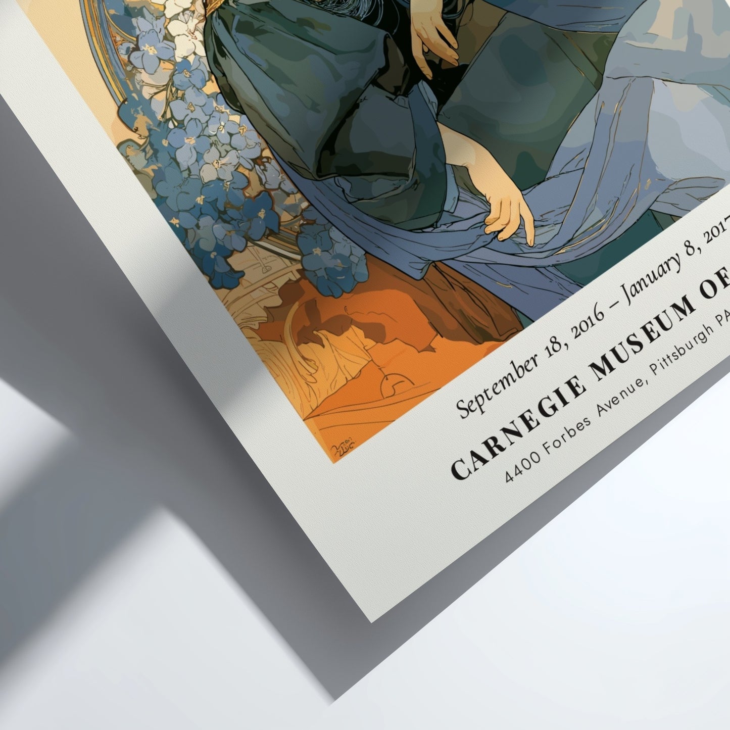 L'Améthyste poster featuring Alphonse Mucha's art style with blue and earthy tones, floral accents and