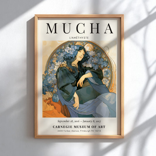 L'Améthyste poster featuring Alphonse Mucha's art style with blue and earthy tones, floral accents and