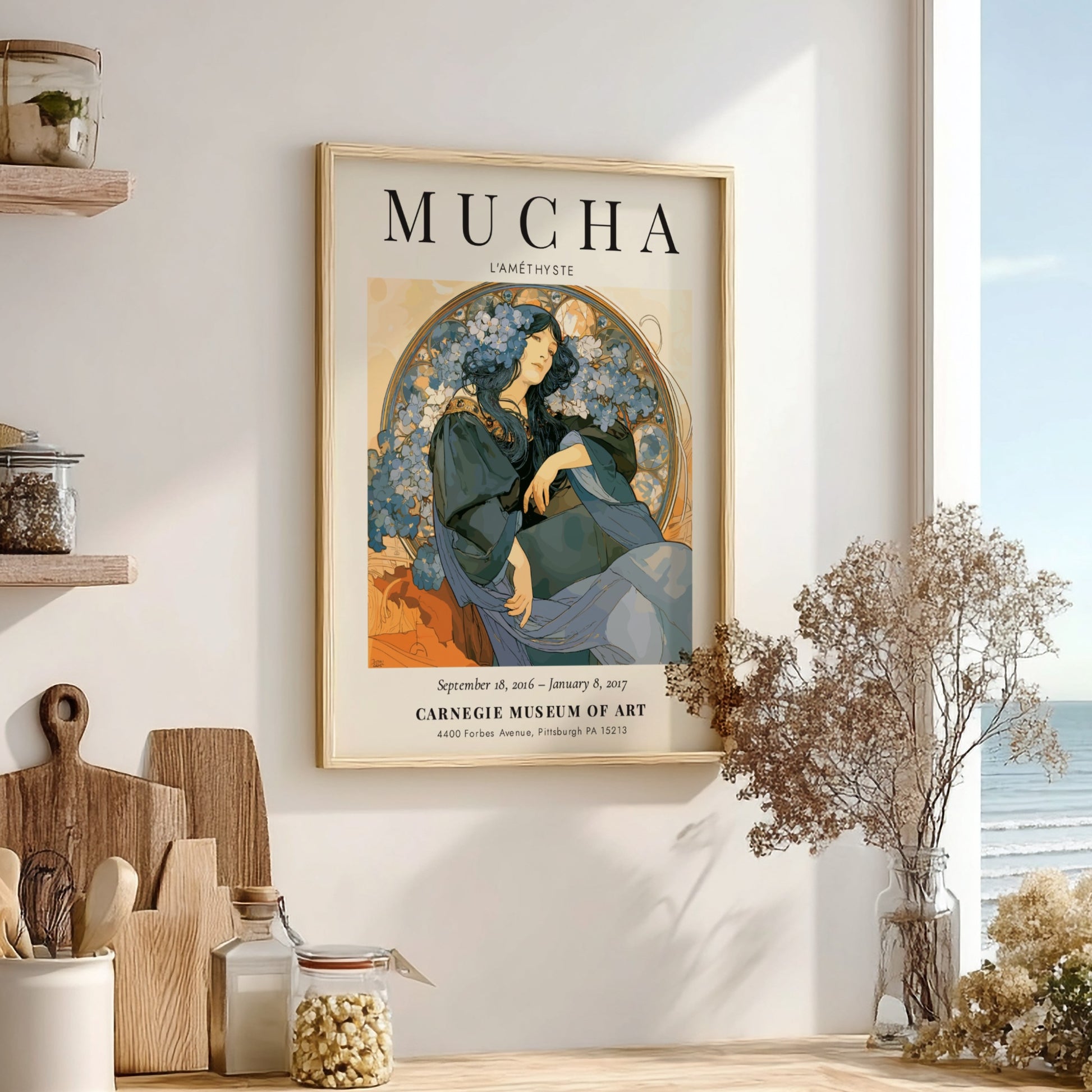 L'Améthyste poster featuring Alphonse Mucha's art style with blue and earthy tones, floral accents and