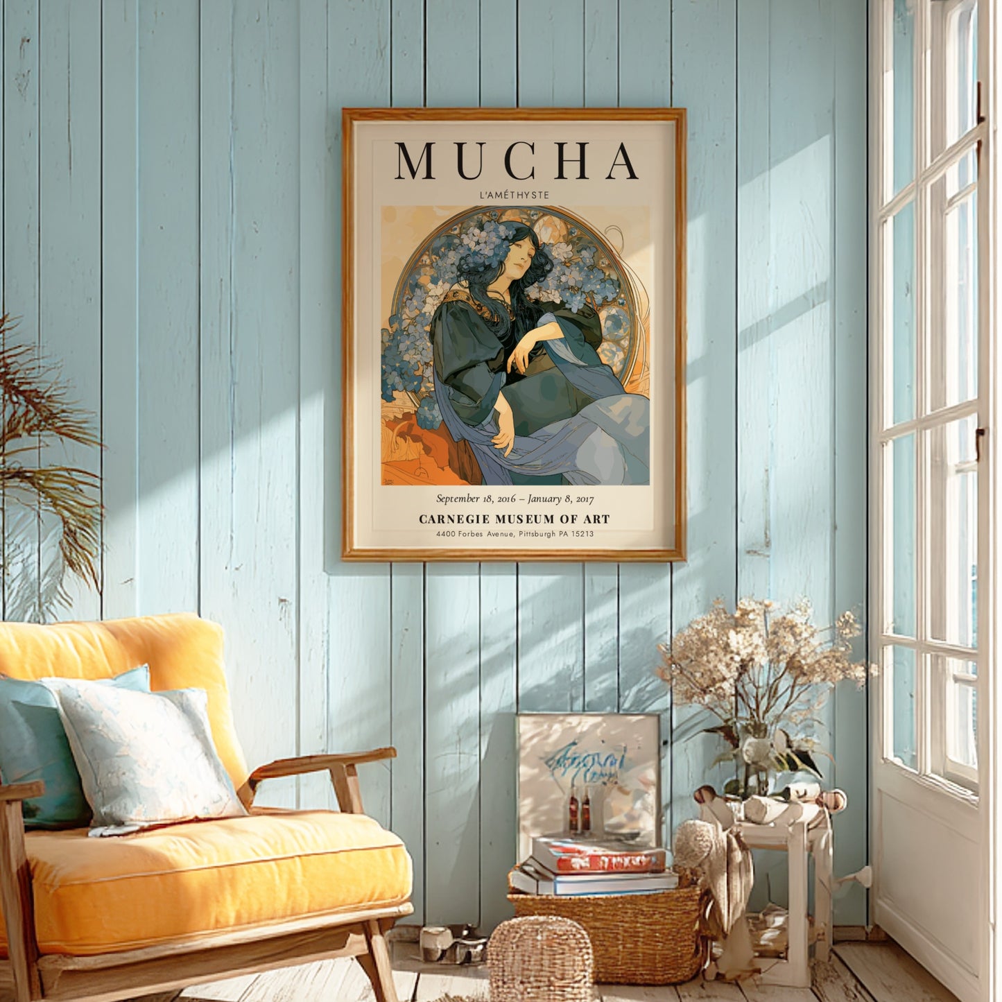 L'Améthyste poster featuring Alphonse Mucha's art style with blue and earthy tones, floral accents and