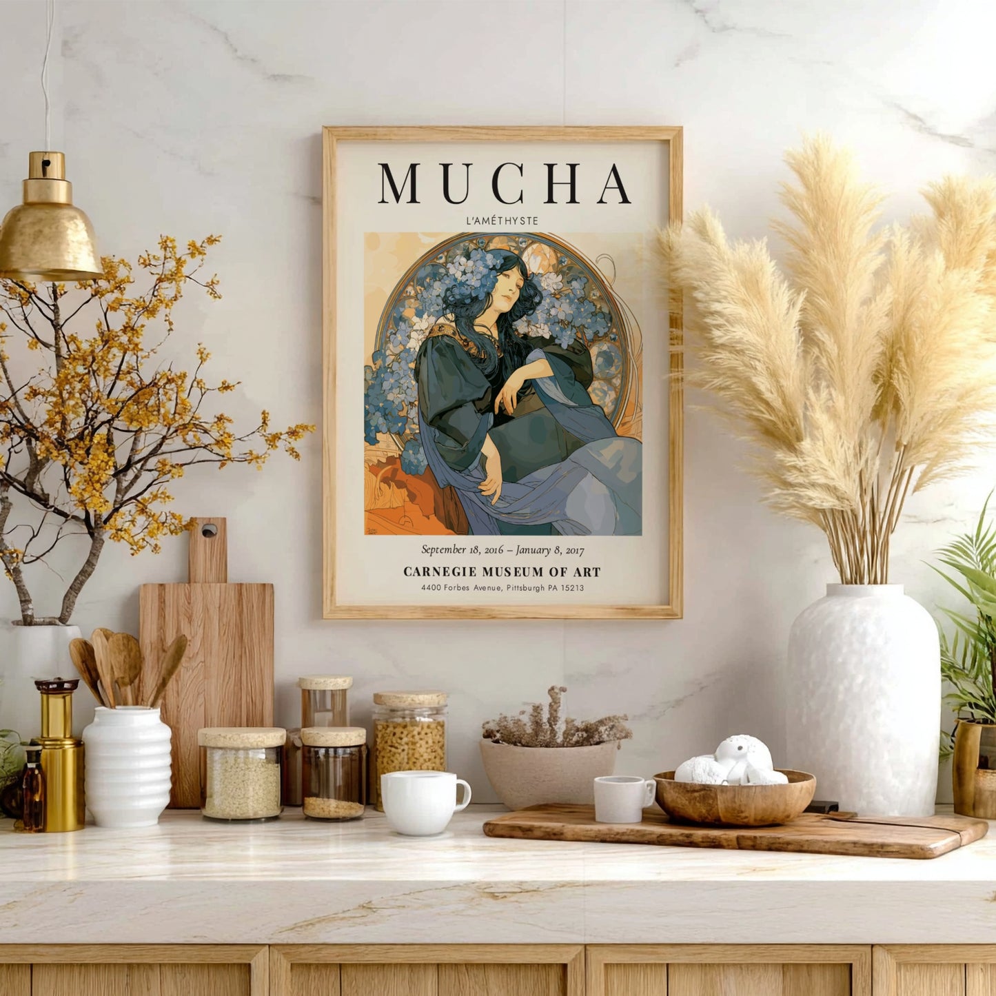 L'Améthyste poster featuring Alphonse Mucha's art style with blue and earthy tones, floral accents and