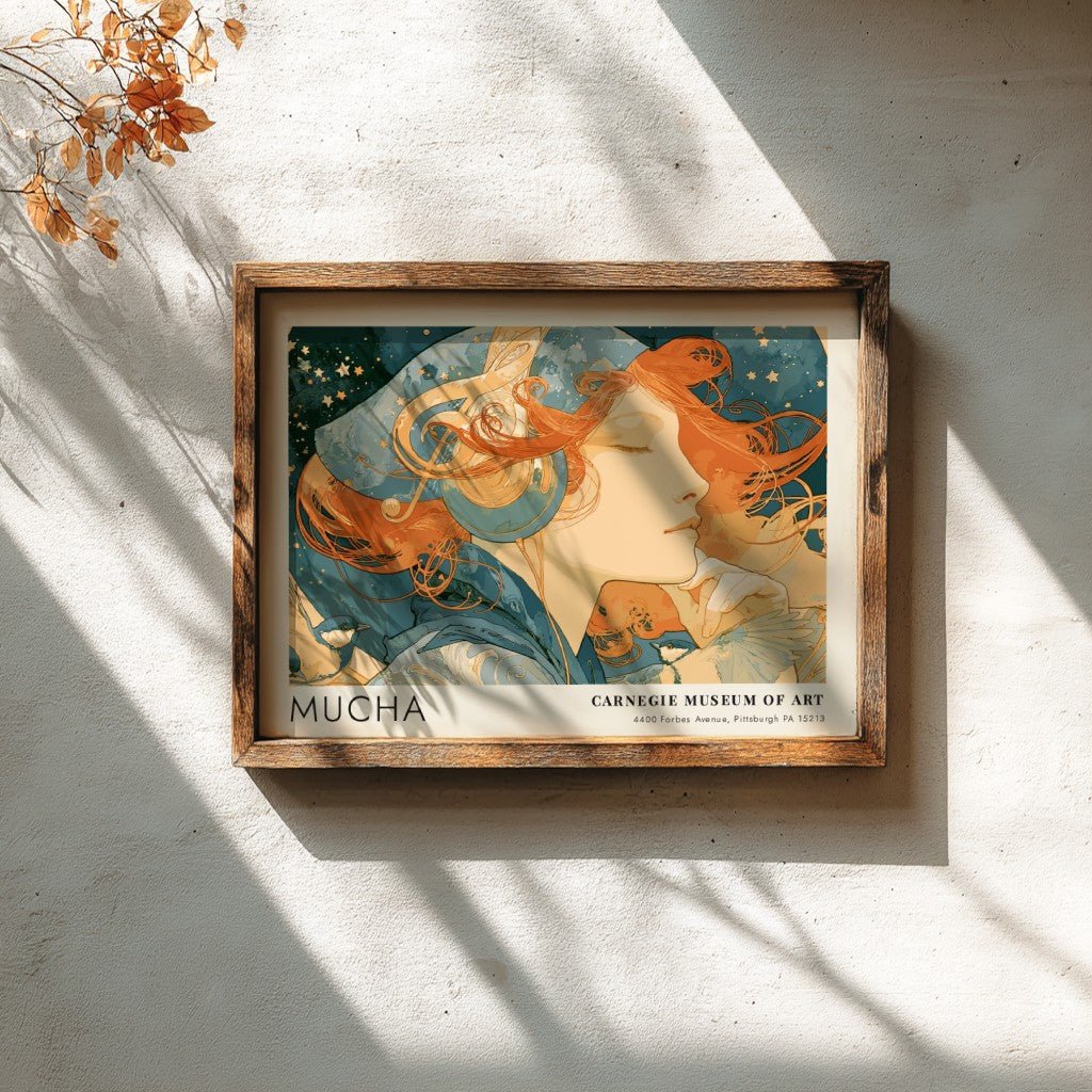 Wall art poster featuring Alphonse Mucha L'Amethyste artwork in soft blue and amber tones.