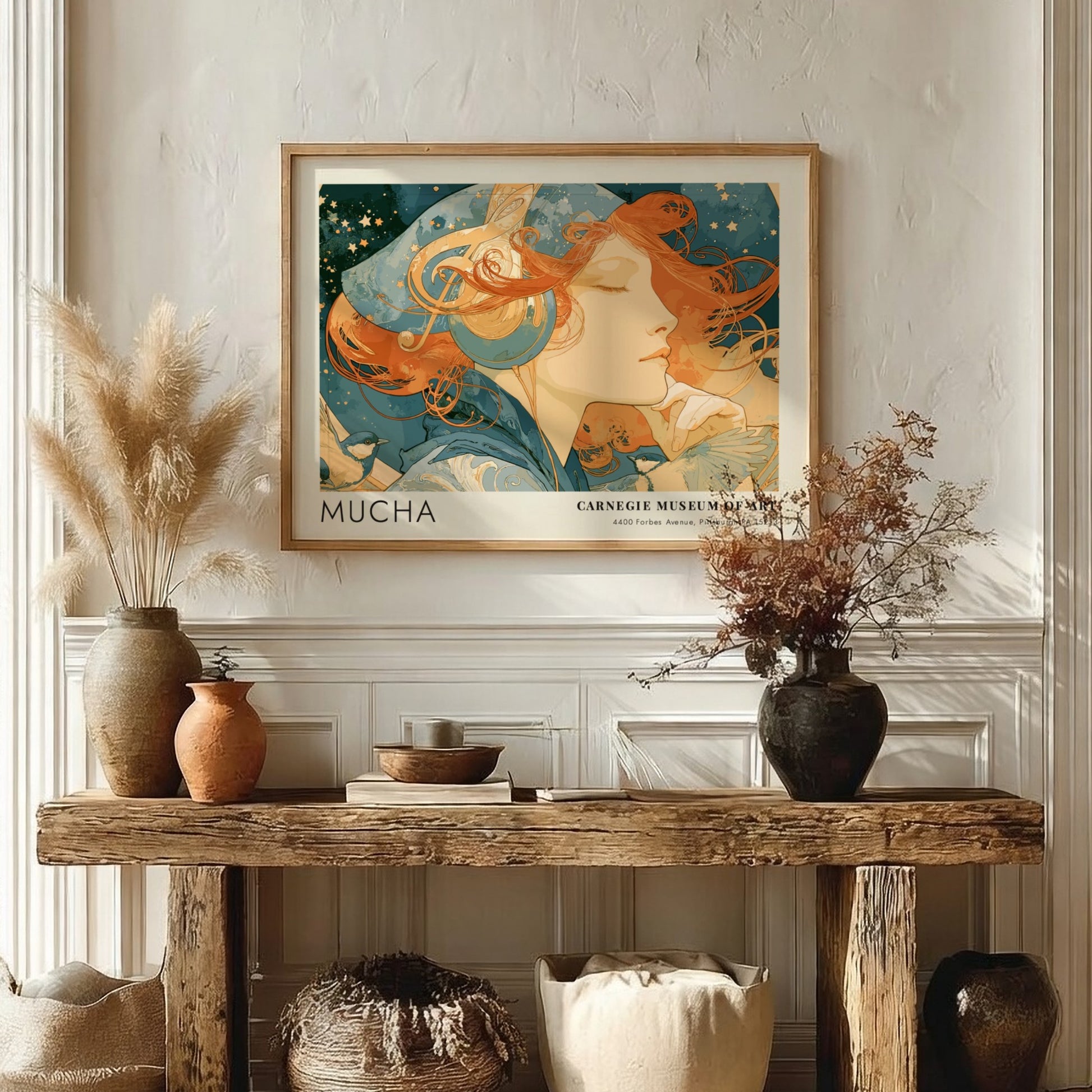 Wall art poster featuring Alphonse Mucha L'Amethyste artwork in soft blue and amber tones.