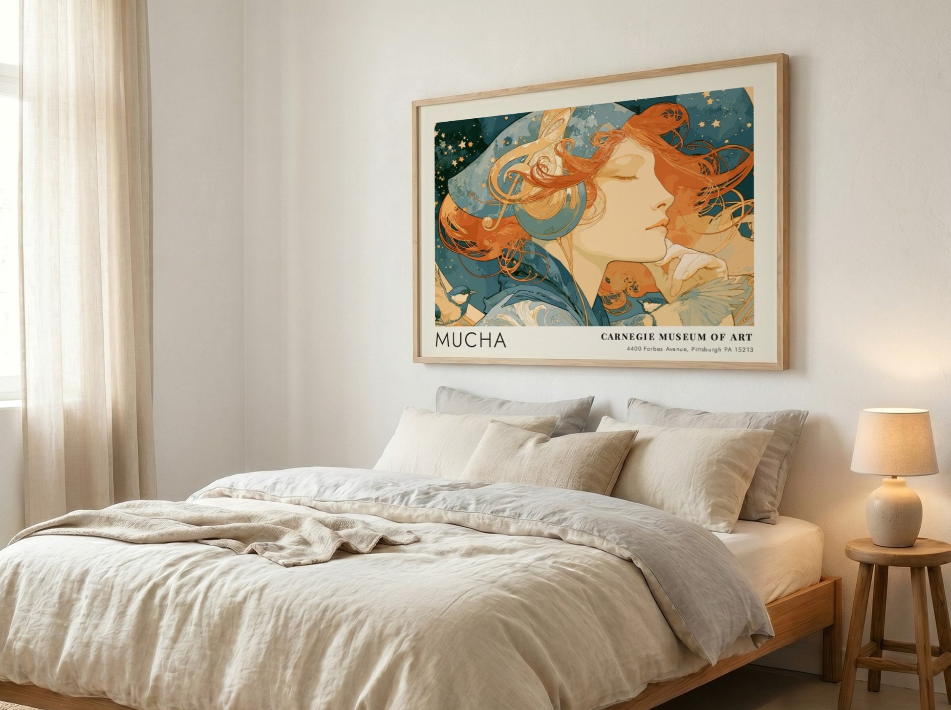 Wall art poster featuring Alphonse Mucha L'Amethyste artwork in soft blue and amber tones.