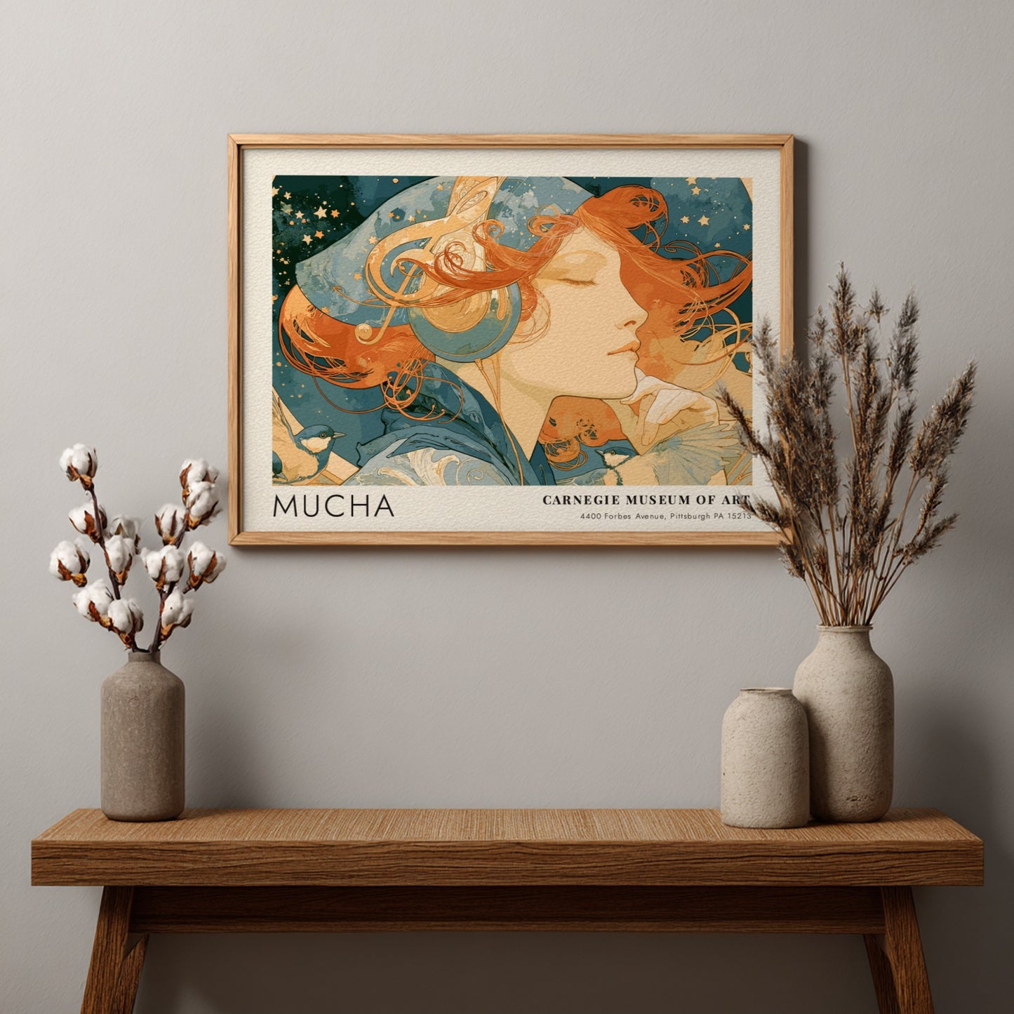 Wall art poster featuring Alphonse Mucha L'Amethyste artwork in soft blue and amber tones.
