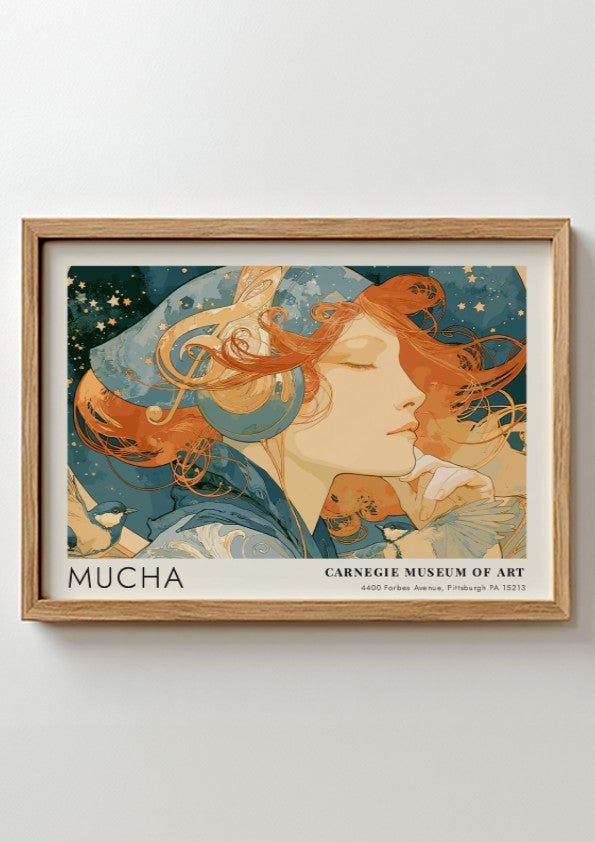 Wall art poster featuring Alphonse Mucha L'Amethyste artwork in soft blue and amber tones.