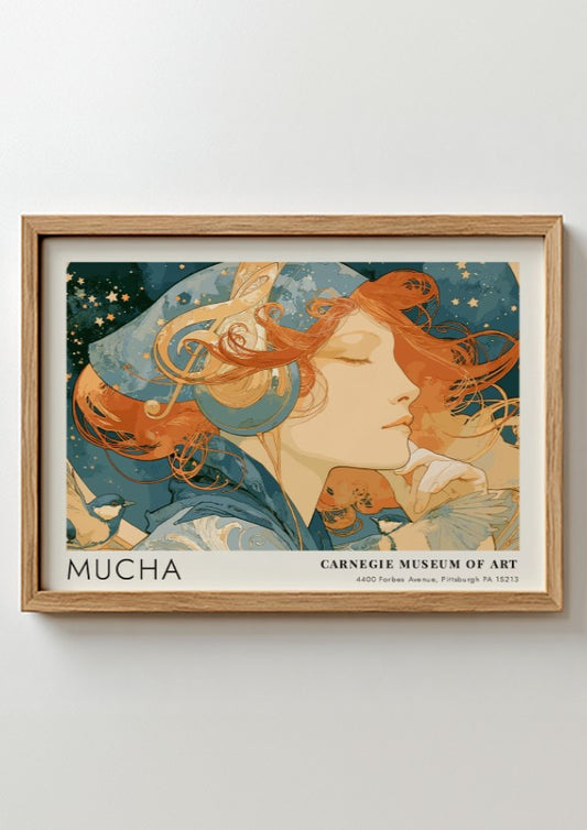 Wall art poster featuring Alphonse Mucha L'Amethyste artwork in soft blue and amber tones.
