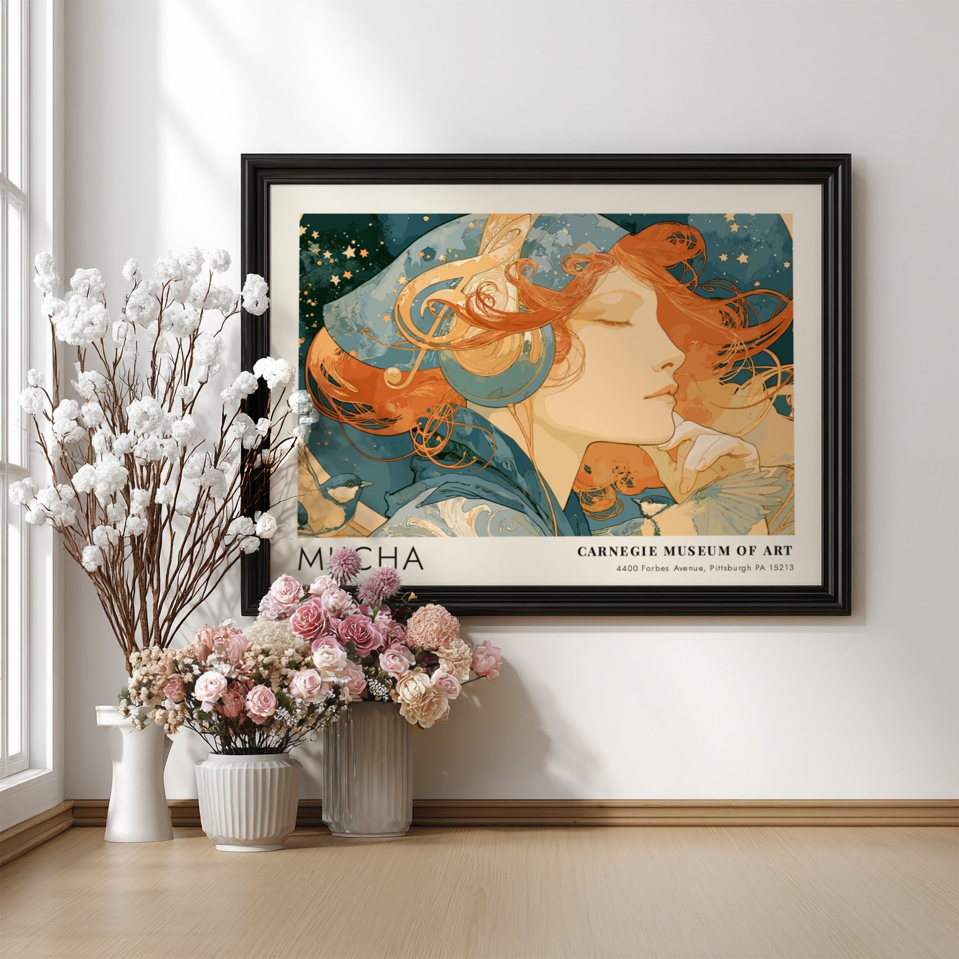 Wall art poster featuring Alphonse Mucha L'Amethyste artwork in soft blue and amber tones.
