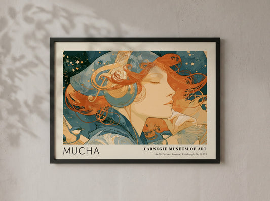 Wall art poster featuring Alphonse Mucha L'Amethyste artwork in soft blue and amber tones.