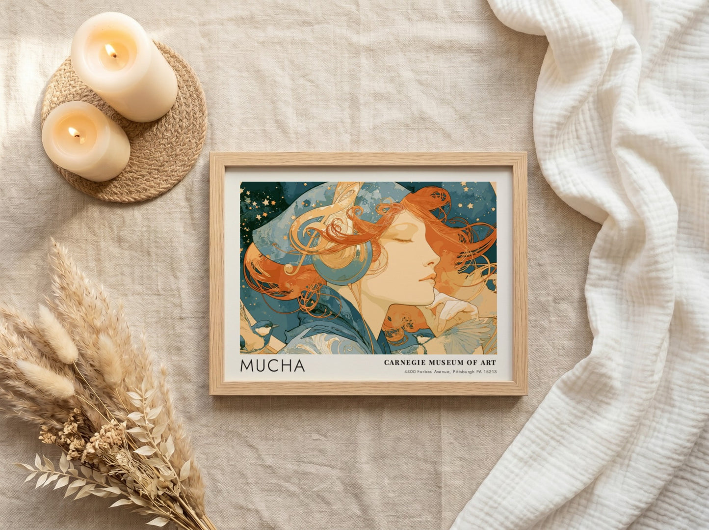 Wall art poster featuring Alphonse Mucha L'Amethyste artwork in soft blue and amber tones.